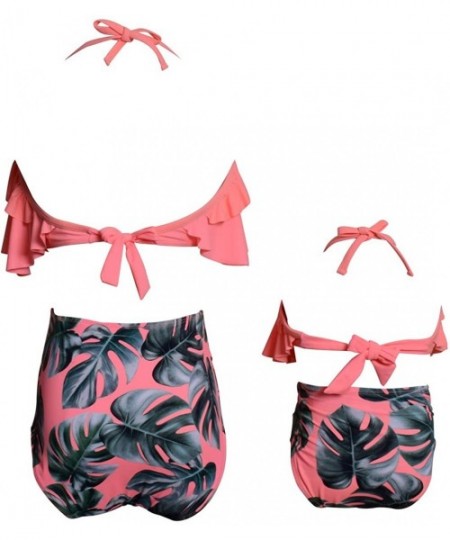 Racing Mommy and Me Swimsuits Ruffles High Waisted Family Matching Bikini Sets - Peach - CF18Q9QIZ78