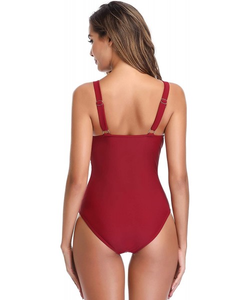 One-Pieces Women's Sexy One Piece Bikini Ruched Swimdress V Neck Swimwear - Wine Red - CP18R7YWHQW