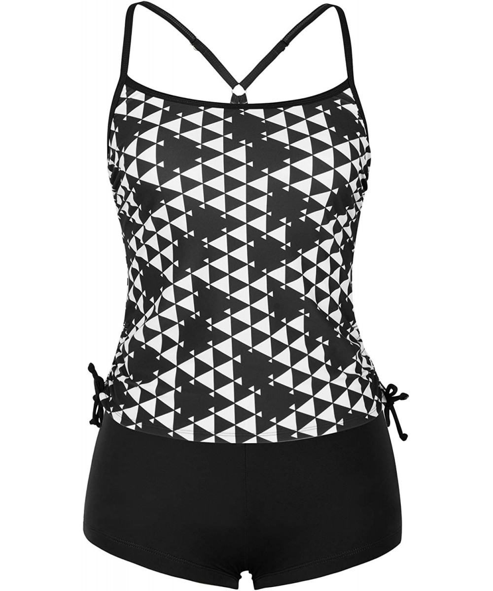 Tankinis Women's Two Piece Tankini Geometic Print Swimsuit with Solid Boyleg Bottom - Black - CE18DYKEGK4