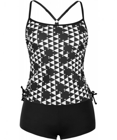 Tankinis Women's Two Piece Tankini Geometic Print Swimsuit with Solid Boyleg Bottom - Black - CE18DYKEGK4