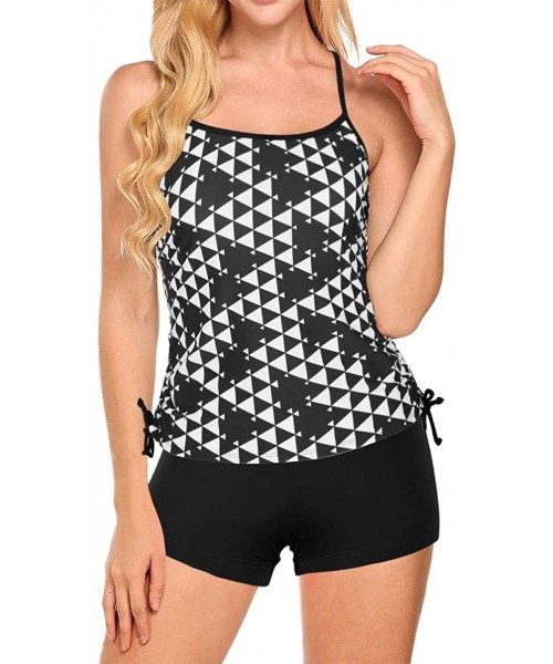 Tankinis Women's Two Piece Tankini Geometic Print Swimsuit with Solid Boyleg Bottom - Black - CE18DYKEGK4