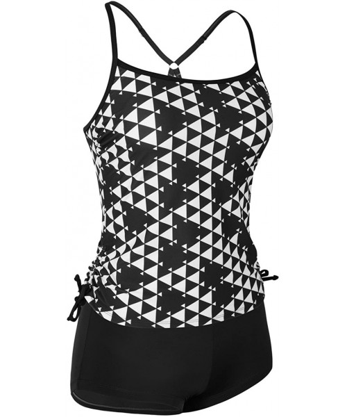 Tankinis Women's Two Piece Tankini Geometic Print Swimsuit with Solid Boyleg Bottom - Black - CE18DYKEGK4