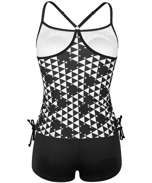 Tankinis Women's Two Piece Tankini Geometic Print Swimsuit with Solid Boyleg Bottom - Black - CE18DYKEGK4