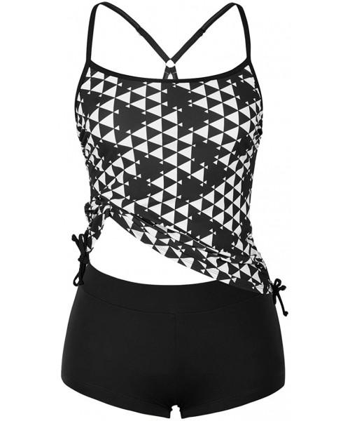 Tankinis Women's Two Piece Tankini Geometic Print Swimsuit with Solid Boyleg Bottom - Black - CE18DYKEGK4