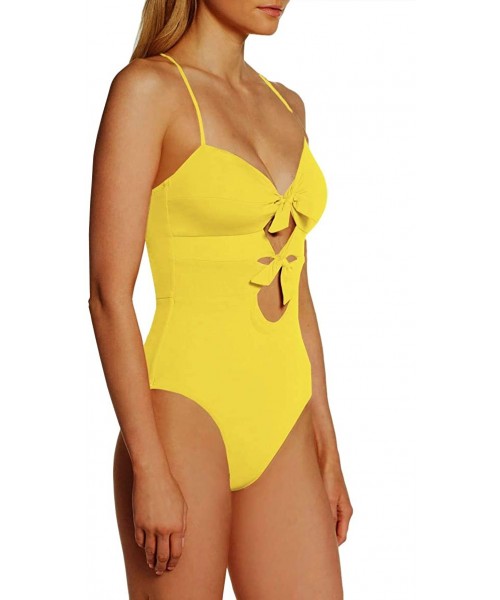 One-Pieces Womens Spaghetti Strap Tie Knot Front Cutout Lace Up Back One Piece Swimsuit - Yellow1 - C618SGWAGY6