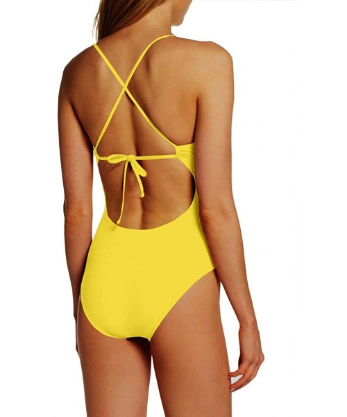 One-Pieces Womens Spaghetti Strap Tie Knot Front Cutout Lace Up Back One Piece Swimsuit - Yellow1 - C618SGWAGY6