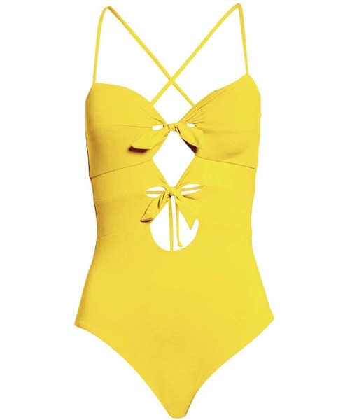 One-Pieces Womens Spaghetti Strap Tie Knot Front Cutout Lace Up Back One Piece Swimsuit - Yellow1 - C618SGWAGY6