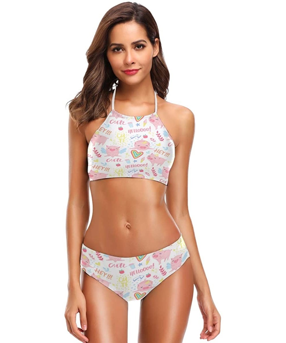 Sets Pink Pig Love Heart Bikini Swimsuit Womens High Neck Halter Two Piece Bathing Suit - CN18Q6SQGNI