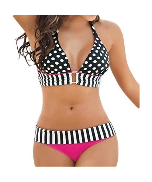 Cover-Ups Women's Striped Bikini Set Polka Dots Push-Up Bra Swimsuit - Black Spot - CX12KP5ZKJ7