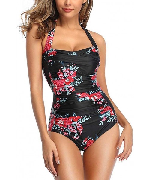 One-Pieces Tummy Control Swimwear Halter One Piece Swimsuit Ruched Padded Bathing Suits for Women Slimming Vintage Bikini - R...