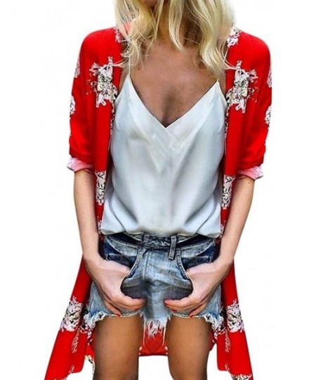 Cover-Ups Ladies Fashion Boho Printed Beach Sunscreen Shirt Loose Casual Swimsuit Cover Up Kimono Cardigan Tops - Red-print -...