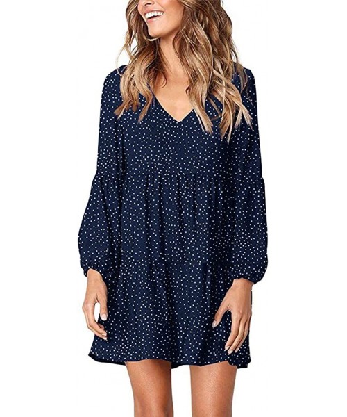 Racing Skirt Women Summer Tunic Dress V Neck Casual Loose Flowy Swing Shift Dresses - Navy - C219644XKCN