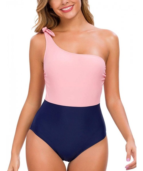 One-Pieces One Piece Swimsuits One Shoulder Bowknot Swimwear Stitching Color Block Bathing Suit - Pink+navy - CP18WKZKCO4