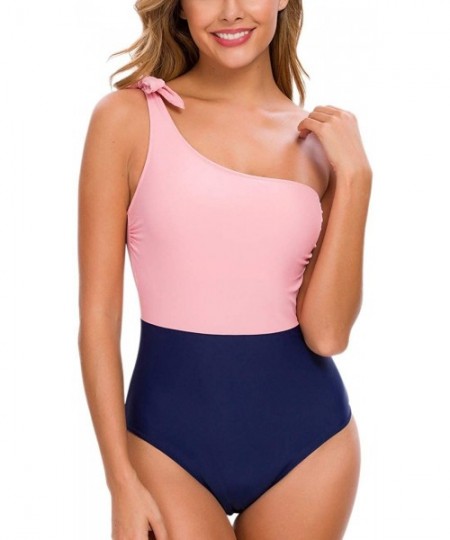 One-Pieces One Piece Swimsuits One Shoulder Bowknot Swimwear Stitching Color Block Bathing Suit - Pink+navy - CP18WKZKCO4