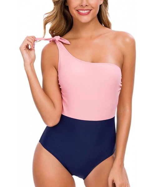 One-Pieces One Piece Swimsuits One Shoulder Bowknot Swimwear Stitching Color Block Bathing Suit - Pink+navy - CP18WKZKCO4