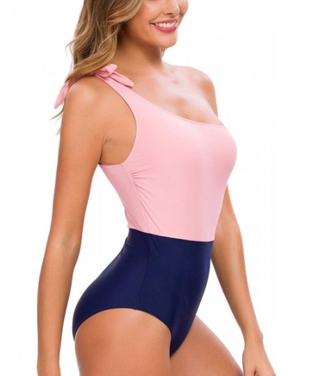 One-Pieces One Piece Swimsuits One Shoulder Bowknot Swimwear Stitching Color Block Bathing Suit - Pink+navy - CP18WKZKCO4