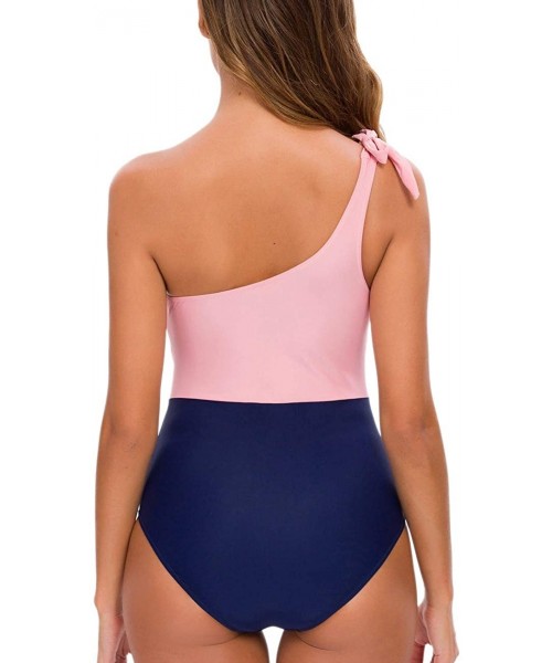 One-Pieces One Piece Swimsuits One Shoulder Bowknot Swimwear Stitching Color Block Bathing Suit - Pink+navy - CP18WKZKCO4