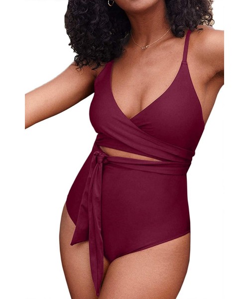 One-Pieces Women's Plunge V Neck Wrap Tie Belted Cutout One Piece Swimsuits - Wine - CK1943OTINS