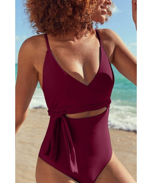 One-Pieces Women's Plunge V Neck Wrap Tie Belted Cutout One Piece Swimsuits - Wine - CK1943OTINS