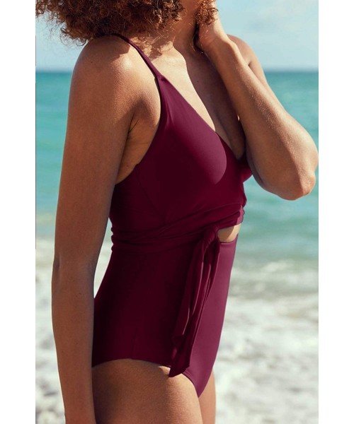 One-Pieces Women's Plunge V Neck Wrap Tie Belted Cutout One Piece Swimsuits - Wine - CK1943OTINS