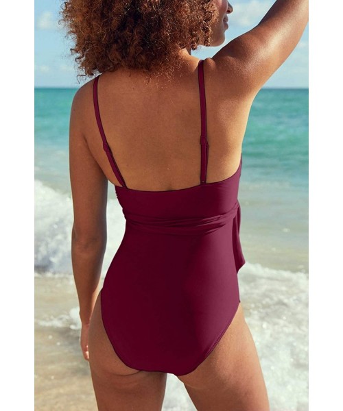 One-Pieces Women's Plunge V Neck Wrap Tie Belted Cutout One Piece Swimsuits - Wine - CK1943OTINS