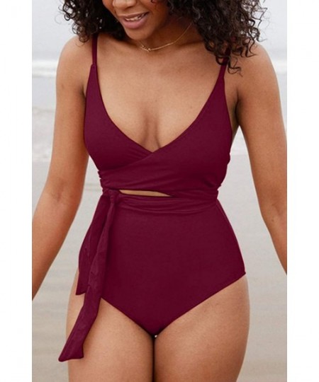 One-Pieces Women's Plunge V Neck Wrap Tie Belted Cutout One Piece Swimsuits - Wine - CK1943OTINS