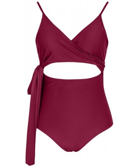 One-Pieces Women's Plunge V Neck Wrap Tie Belted Cutout One Piece Swimsuits - Wine - CK1943OTINS