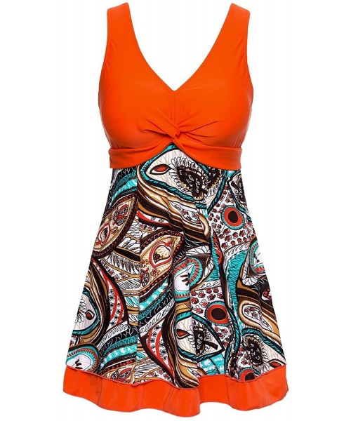 One-Pieces Women's Plus Size Printing Padded High Waist Swimdress - Orange - CI12NUP6NB9