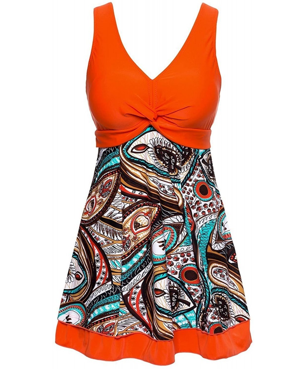 One-Pieces Women's Plus Size Printing Padded High Waist Swimdress - Orange - CI12NUP6NB9