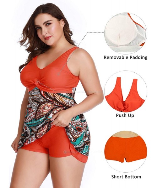 One-Pieces Women's Plus Size Printing Padded High Waist Swimdress - Orange - CI12NUP6NB9