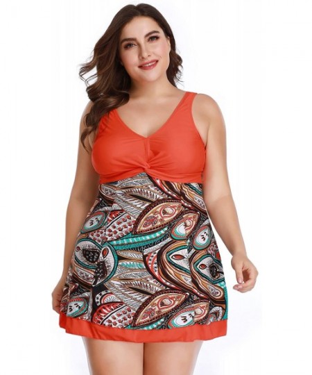 One-Pieces Women's Plus Size Printing Padded High Waist Swimdress - Orange - CI12NUP6NB9