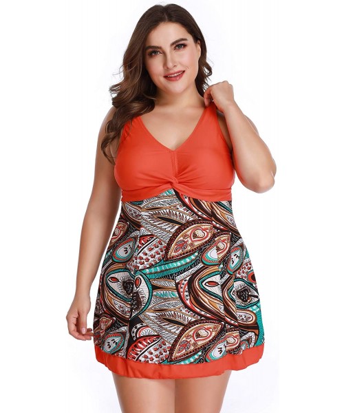 One-Pieces Women's Plus Size Printing Padded High Waist Swimdress - Orange - CI12NUP6NB9