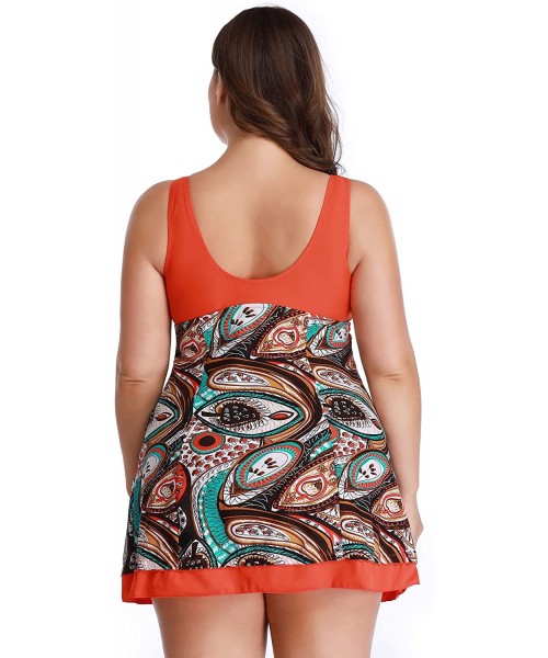 One-Pieces Women's Plus Size Printing Padded High Waist Swimdress - Orange - CI12NUP6NB9