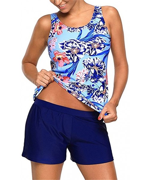 Tankinis Womens Floral Print Tankini with Boyshorts Swimsuit Set - Blue - CN189YAK9S4