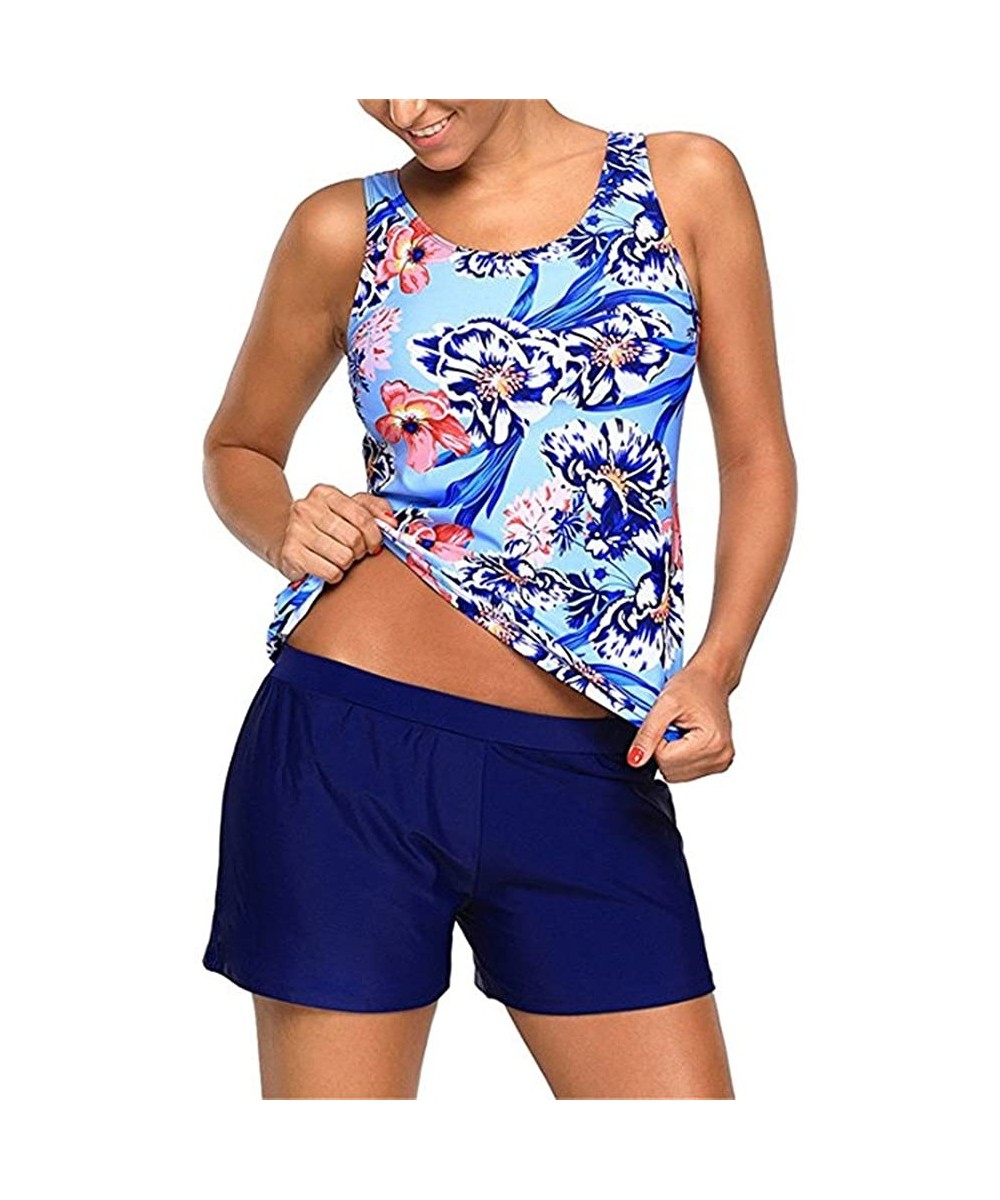 Tankinis Womens Floral Print Tankini with Boyshorts Swimsuit Set - Blue - CN189YAK9S4