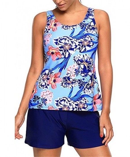 Tankinis Womens Floral Print Tankini with Boyshorts Swimsuit Set - Blue - CN189YAK9S4