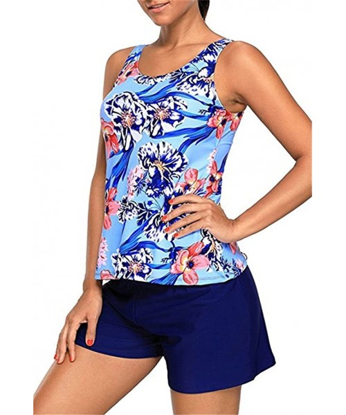 Tankinis Womens Floral Print Tankini with Boyshorts Swimsuit Set - Blue - CN189YAK9S4