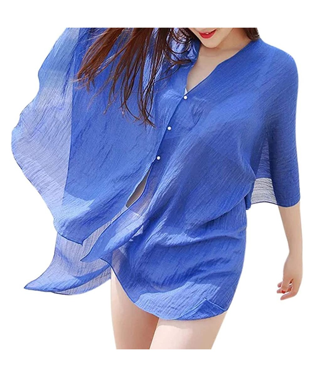 Cover-Ups Women Chiffon Beach Cover up Swimsuit Kimono Cardigan Shawl Beach Wrap Cover up - Blue - C4195TUEO70