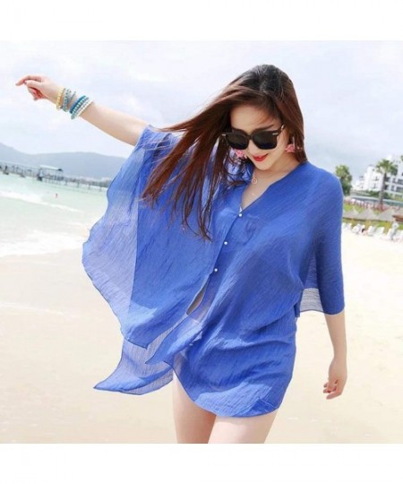 Cover-Ups Women Chiffon Beach Cover up Swimsuit Kimono Cardigan Shawl Beach Wrap Cover up - Blue - C4195TUEO70