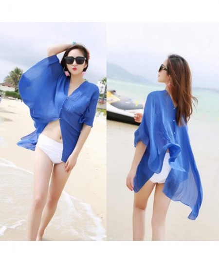 Cover-Ups Women Chiffon Beach Cover up Swimsuit Kimono Cardigan Shawl Beach Wrap Cover up - Blue - C4195TUEO70