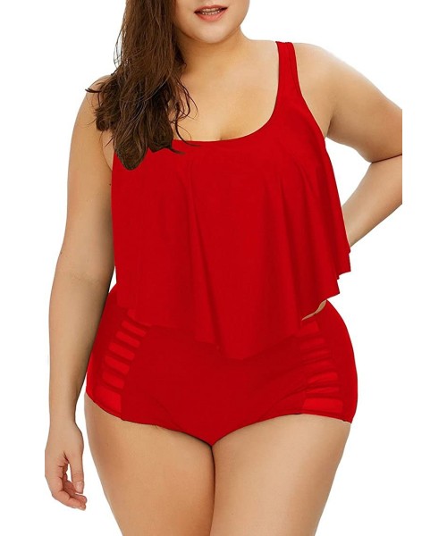 Bottoms Women's Plus Size Swimwear 2 Piece High Waisted Swimsuit Ruffle Bikini - 02 Red - CX18DN7GUEO