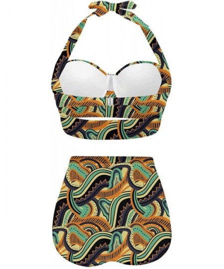 Sets Women's Halter Abstract Print Funny Swimsuits High Waisted Bikini Set - Multicolored-3 - CJ1967X7DW2