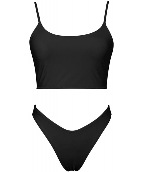 Sets Womens Spaghetti Strap Low Scoop Neck Sporty Crop Top Cheeky Bikini Set Swimsuit - Black - CM193TMTLYI