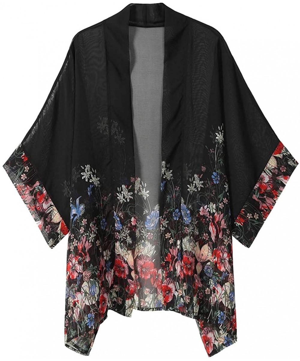 Cover-Ups Women's Tops Loose Chiffon Kimono Cardigan Beach Swim Cover up Blouse - Black Print - CW190NATH7G