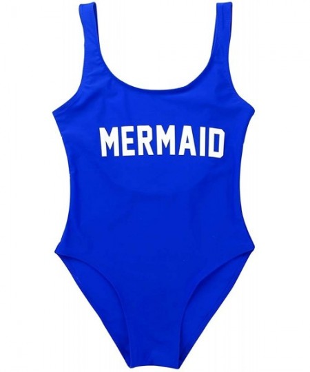 One-Pieces Women's Mermaid 80s/90s High Cut Letter Print Low Back One Piece Swimsuits - Royal Blue - C618RYSKOQG