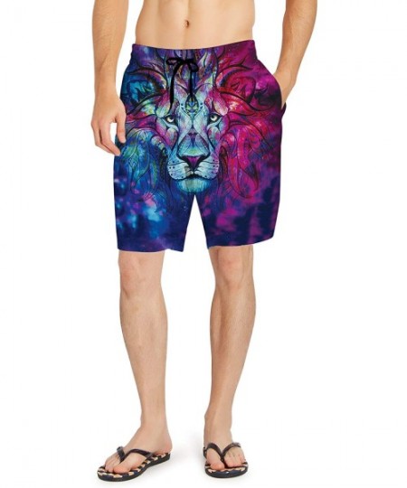 Board Shorts Men's 3D Print Tank Tops Quick Dry Lion Gym Board Short Hawaii Swim Trunks for Summer Beach - Grey Purple - CV18...