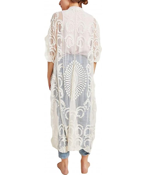 Cover-Ups Women's Lace Kimono Floral Crochet Sheer Beach Cover Ups Long Open Swimsuit Lace Cardigan - White7 - CN194R8IEHK