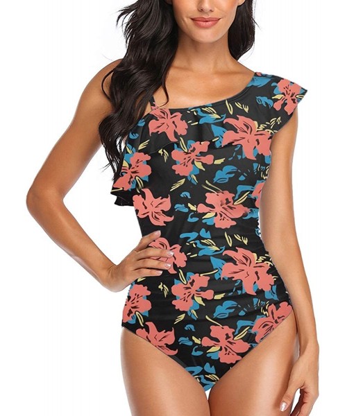 One-Pieces Women Ruffle One Shoulder Swimsuit Slimming Tummy Control One Piece Bathing Suits - Black Flower - CA19CZDHUEO