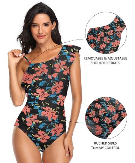 One-Pieces Women Ruffle One Shoulder Swimsuit Slimming Tummy Control One Piece Bathing Suits - Black Flower - CA19CZDHUEO