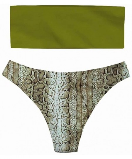 Sets Women's Strapless Bandeau Bikini Hawaii Snake Beachwear Sexy High Cut Swimsuits - Green Snake - CW18R6YZW66